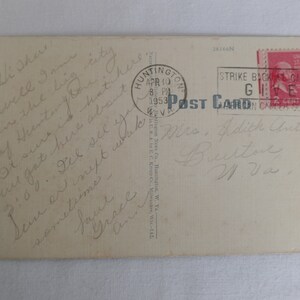 May include: A vintage postcard with a handwritten message. The postcard is addressed to Mrs. Addie Antell Button in West Virginia. The postcard has a Huntington, Virginia postmark dated 30 April 1953. The postcard has a 2-cent stamp with a picture of George Washington.