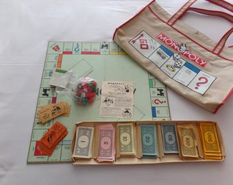 Juego de mesa Monopoly vintage, edición de 1954, con bolsa de transporte a juego de 1984, Parker Brothers.