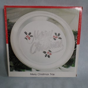 Vintage Silver Merry Christmas Platter, Tray by International Silver Company, Silver Plated Holiday Server w/ Holly, Hand Painted, Engraved