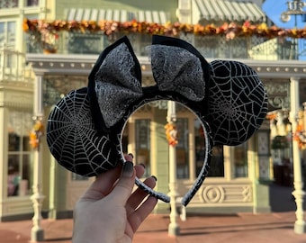 May include: Black mouse ears with a white spiderweb pattern and a silver glitter bow.