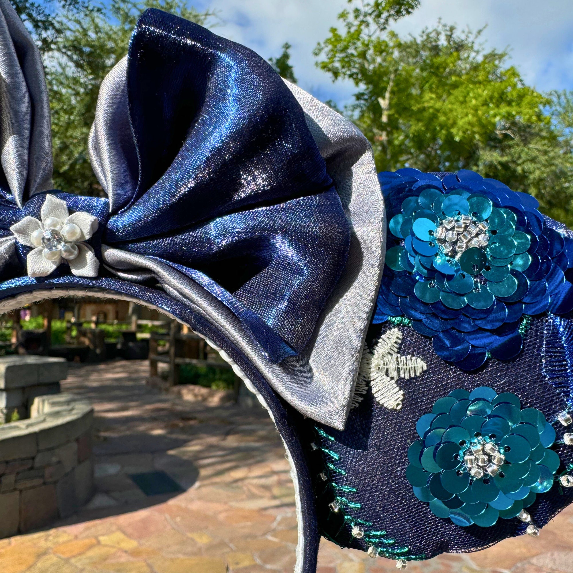 Dark Blue Floral and Sequin Minnie Mouse Ears | Blue Disney 