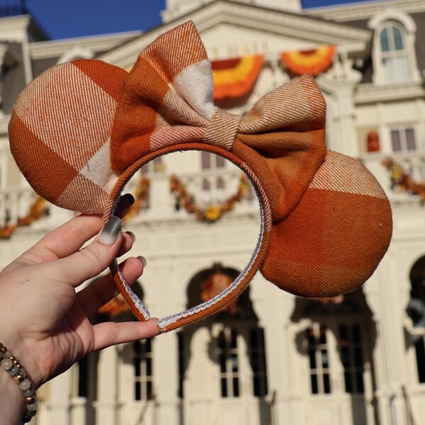 Orange and White Plaid Minnie Mouse Ears for Fall/Autumn | Halloween Minnie Ears