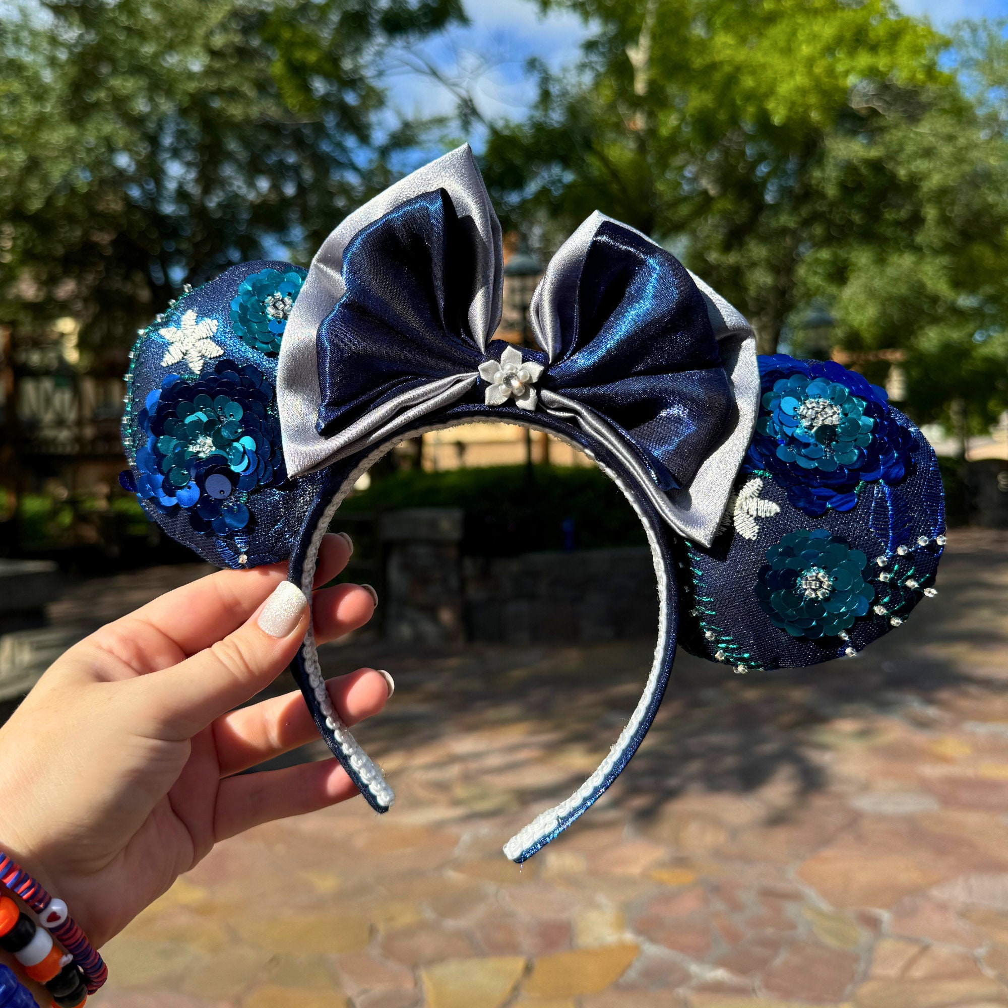 Dark Blue Floral and Sequin Minnie Mouse Ears | Blue Disney 