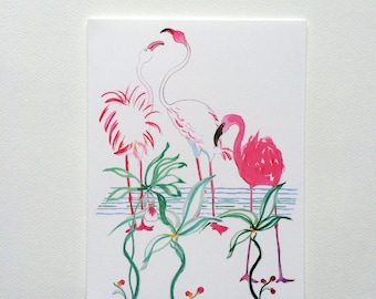 Tropical Seaside Flamingo & Orchid Note Cards