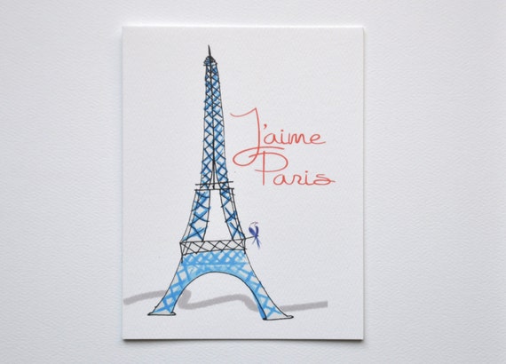 I Love Paris J Aime Paris Eiffel Tower Illustrated Card Etsy