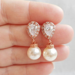 Rose Gold Cubic Zirconia And Swarovski Pearl Bridal Earrings Art Deco Pearl And CZ Bridal Earrings Pink Gold Bridal Earrings