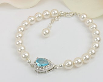 Cubic Zirconia Something Blue Teardrop And Swarovski Pearrl Bridal Bracelet CZ And Pearl Bridal Bracelet Bridesmaid Bracelet