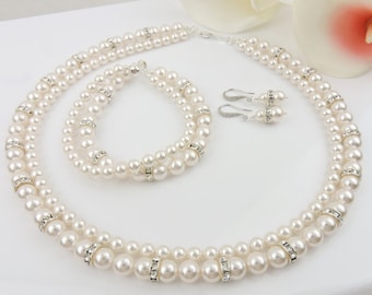 2 Strand Crystal Pearl Bridal Set, Chunky Pearl Bridal Necklace, Bracelet, And Earrings, Wedding Set