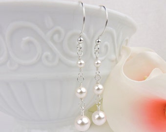 Swarovski 3 Pearl Drop Earrings Long Swarovski Pearl Dangle Earrings Bridesmaid Earrings Bridesmaid Gift Simple Pearl Earrings