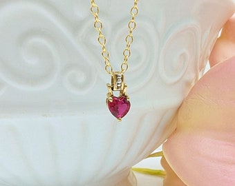 14KT Yellow Gold 5mm Ruby Heart Necklace Minimalist Gold Ruby Necklace Tiny Heart Necklace Solid Yellow Gold Women's Gift July Birthstone