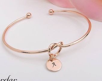 Personalized Rose Gold Knot Bangle Personalized Bridesmaid Tie The Knot Bangle Bridesmaid Gift Love Knot Bangle Bracelet FREE US Ship