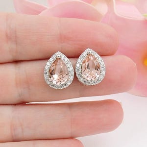 Blush Cubic Zirconia Teardrop Stud Earrings Blush Bridal Earrings Blush Bridesmaid Earrings Halo Style Blush CZ Earrings Bridesmaid Gift