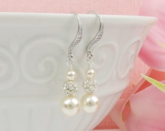 Pearl And Rhinestone Bridal Earrings Swarovski Pearl And Rhinestone Bridesmaid Earrings Bridesmaid Gift Mothers Gift Pearl Drop Earrings