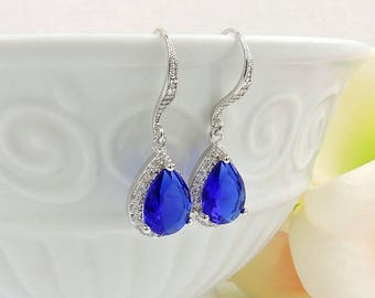 Cobalt Cubic Zirconia Teardrop Bridal Earrings Something Blue Bridal Earrings Dark Blue Bridesmaid Earrings Bridesmaid Gift