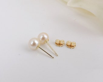 AA Creamy White Akoya Pearl Stud Earrings In Solid 14kt Gold 14kt Gold 6mm Flawless Saltwater Pearl Earrings FREE US Ship