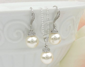 Swarovski Pearl Bridal Necklace And Earring Set Pearl And Cubic Zirconia Bridal Set Pearl Solitare Necklace And Earrings