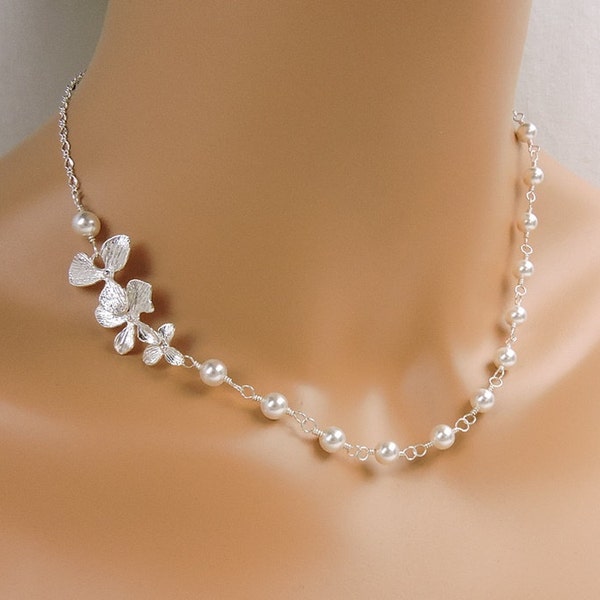 Orchid Pearl Link Bridal Necklace Orchid Bridesmaid Necklace Pearl And Orchid Bridal Necklace Bridesmaid Gift Orchid Wedding Jewelry