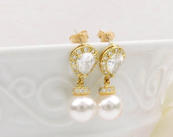 Gold Swarovski Pearl And Cubic Zirconia Bridal Drop Earrings Gold Teardrop CZ Diamond And Pearl Bridal Earrings