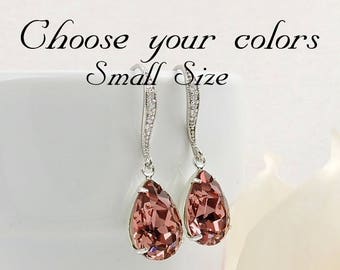 Small Size Blush Rose Swarovski Teardrop Bridal Earrings In Silver Swarovski Dark Pink Bridal Earrings Blush Crystal Earrings