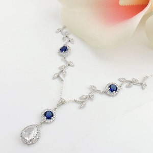 Sapphire CZ Vine Bridal Necklace Something Blue Bridal Necklace Sapphire Bridesmaid Necklace Art Nouveau Teardrop Cubic Zirconia Necklace