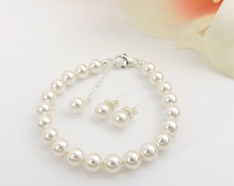 Single Strand Swarovski Pearl Flower Girl Bracelet And Stud Earrings Simple Pearl Flower Girl Set Flower Girl Gift