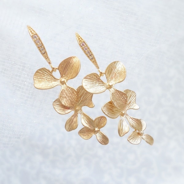 Gold Orchid Bridal Earrings Cascading Orchid Bridal Earrings Long Orchid Bridal Earrings  Matte Gold Orchid Bridal Earrings