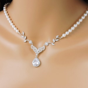 Swarovski Pearl And Vine Bridal Necklace With Cubic Zirconia Drop Pearl And CZ Vine Chandelier Necklace Bridesmaid Necklace
