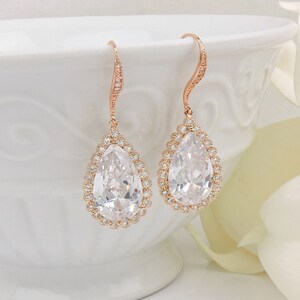 Large Rose Gold Cubic Zirconia Halo Teardrop Bridal Earrings Pink Gold Bridal Earrings Large Rose Gold Simulated Diamond Teardrop Earrings