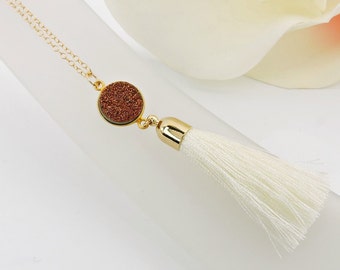 FREE US Ship Gold Filled Copper Drusy And Cream Tassel Necklace Drusy Tassel Necklace Boho Drusy Necklace Gold Cream Tassel Necklace