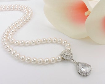 Lovely Crystal Pearl Bridal Necklace With Cubic Zirconia Drop Pendant Cubic Zirconia And Pearl Bridal Necklace