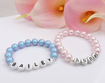 Simple Swarovski Pearl And Name Flower Girl Stretch Bracelets Personalized Flower Girl Stretch Bracelet Flower Girl Gift