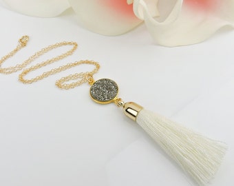 FREE US Ship Gold Filled Grey Drusy And Cream Tassel Necklace Drusy Tassel Necklace Boho Drusy Necklace Gold Cream Tassel Necklace