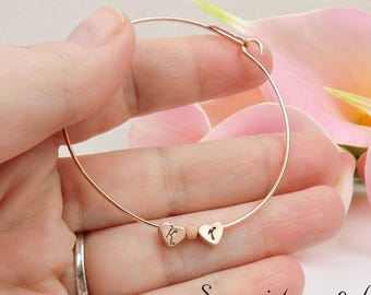 Personalized Flower Girl Bangle, Rose Gold Heart Letter Bangle, Flower Girl Gift, Flower Girl Initial Bangle, Custom Flower Girl Gift