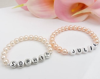 Simple High Quality Crystal Pearl And Name Flower Girl Stretch Bracelets Personalized Flower Girl Stretch Bracelet Flower Girl Gift