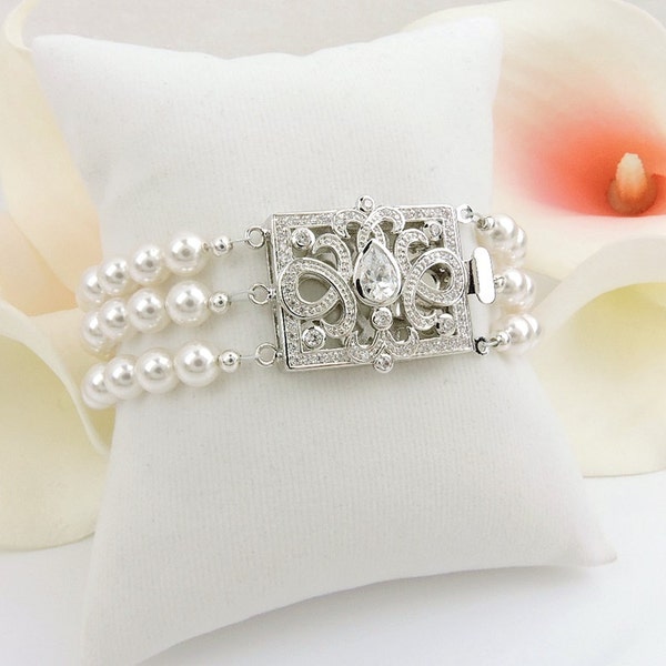 3 Strand 6mm Swarovski Pearl Bridal Bracelet With CZ Box Tab Clasp Cubic Zirconia Pearl Bridal Bracelet 3 Strand Pearl Bracelet