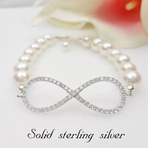 Cubic Zirconia And Pearl Infinity Bridal Bracelet AA Freshwater Pearl Infinity Bracelet Sterling CZ Pearl Infinity Bracelet image 2