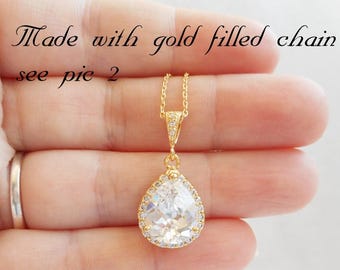 Gold Cubic Zirconia Teardrop Bridal Necklace CZ Teardrop Bridal Necklace Bridesmaid Gift Gold Cz Bridesmaid Necklace