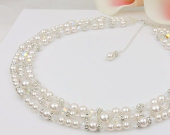 3 Strand Swarovski Pearl Crystal And Rhinestone Statement Bridal Necklace With Backdrop 3 Strand Statement Bridal Necklace