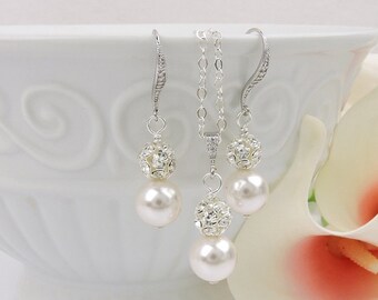 Crystal Pearl And Rhinestone Bridal Necklace And Earring Set Bridesmaid Gift Pearl And Rhinestone Bridesmaid Jewelry Set Bling Wedding