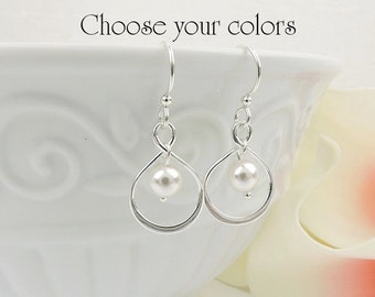 Sterling Silver Infinity Earrings With Swarovski Pearl Infinity Mother Of The Bride Earrings Infinity Bridesmaid Earrings