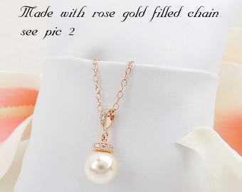 Rose Gold Pearl And CZ Bridal Necklace Pearl Solitare Bridal Necklace Rose Gold Filled Cz Bridal Necklace Rose Gold Deco