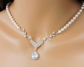 Swarovski Pearl And Vine Bridal Necklace With Cubic Zirconia Drop Pearl And CZ Vine Chandelier Necklace Bridesmaid Necklace