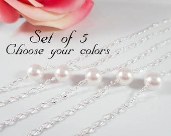 Set of 5 Sterling Silver Single Pearl Bridesmaid Bracelets Simple Pearl Bridesmaid Bracelets On Sterling Chain Bridesmaid Gift