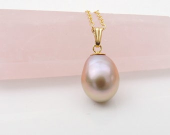 18" 14KT Yellow Gold Edison Pearl Necklace Unique Edison Pearl Necklace Solid Gold Pearl Teardrop Necklace Gift For Her Mauve Color