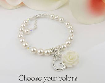 Personalized Swarovski Pearl Flower Girl Bracelet Flower Girl Gift Flower Girl Rose And Pearl Bracelet Best Seller