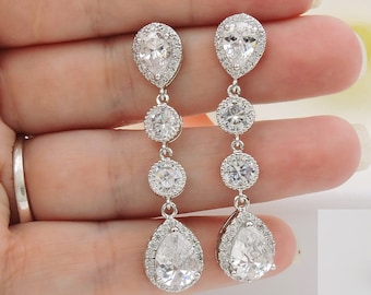 Long Lux Cubic Zirconia Bridal Earrings Long CZ Statement Bridal Earrings Long Crystal Earrings Simulated Diamond Earrings
