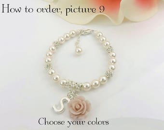 Personalized Rose And Pearl Flower Girl Bracelet With Rhinestones Flower Girl Gift Flower Girl Pearl And Letter Bracelet