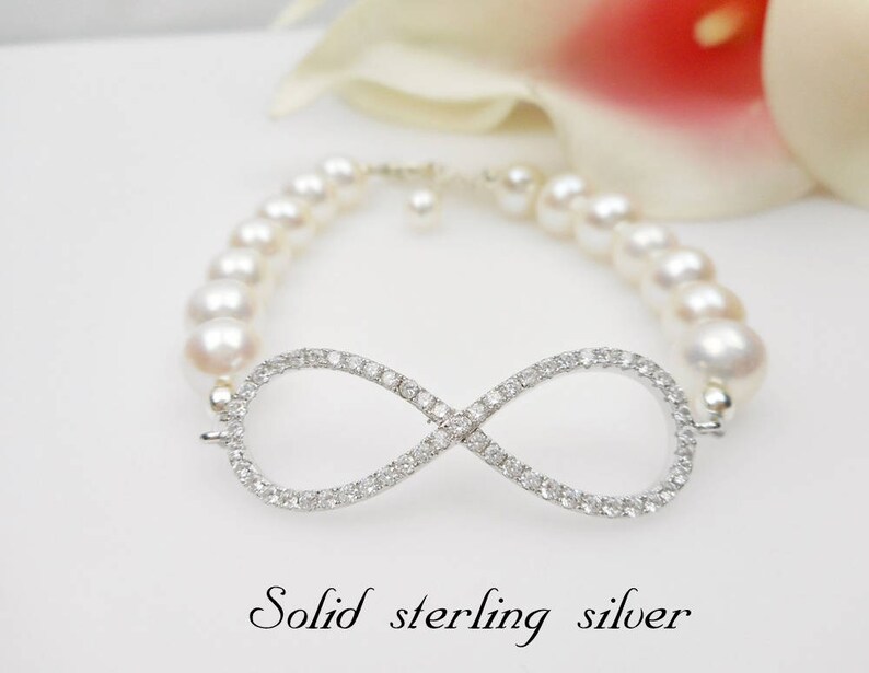 Cubic Zirconia And Pearl Infinity Bridal Bracelet AA Freshwater Pearl Infinity Bracelet Sterling CZ Pearl Infinity Bracelet image 2