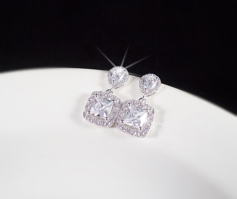 Cubic Zirconia Bridal Earrings Cushion Cut CZ Bridal Earrings Etsy