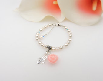Small Sterling Silver Personalized Rose And Crystal Pearl Flower Girl Bracelet Sterling Rose Pearl Flower Girl Bracelet Flower Girl Gift